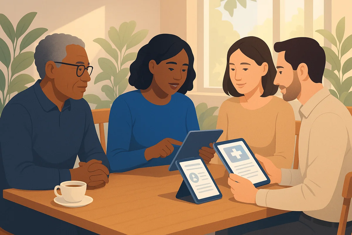 A diverse group of people discussing medical documents at a sunny cafe table