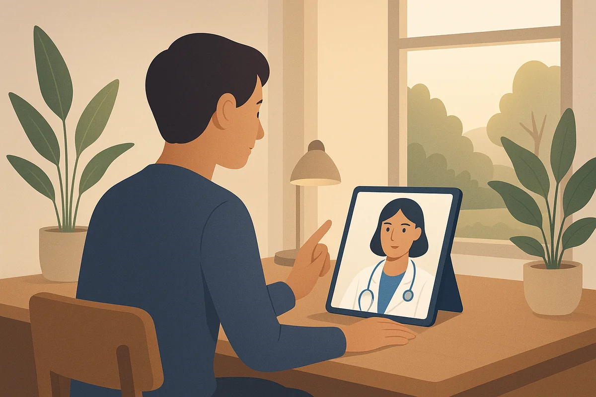 A person using a tablet to interact with a virtual health assistant in a cozy home office