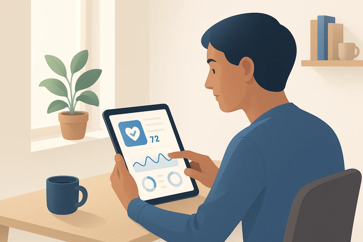 A person using a tablet in a cozy home office, engaged in personalized health guidance
