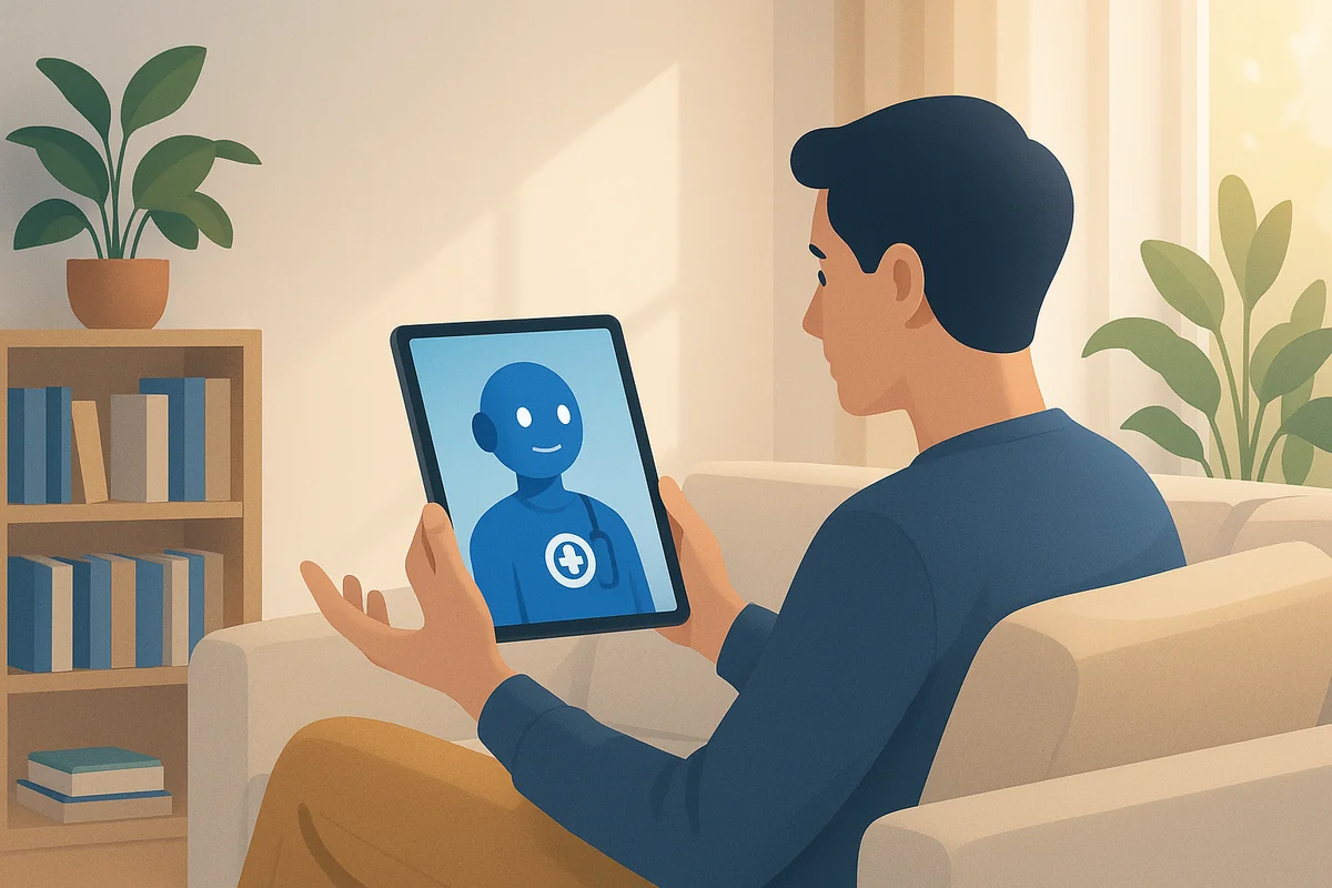 A person using a tablet to interact with an AI health assistant in a cozy living room