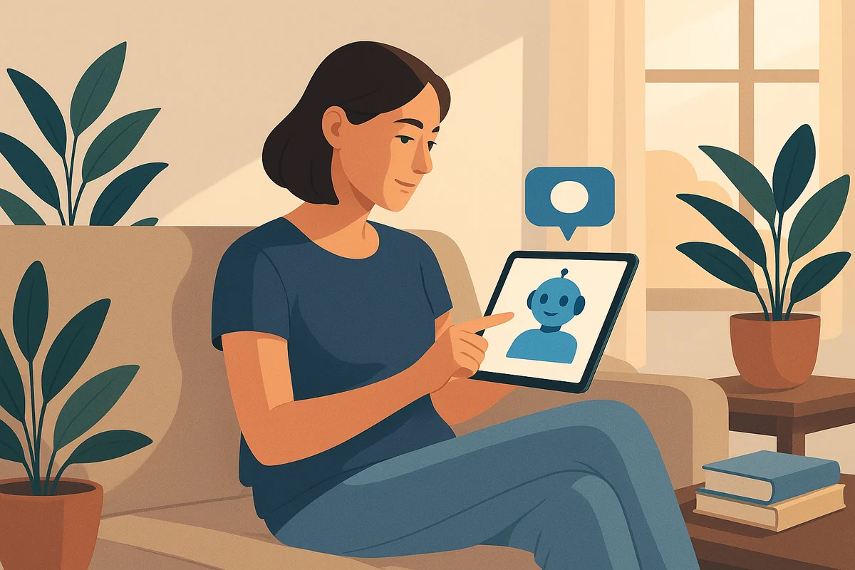A woman using a tablet to interact with her AI health assistant in a cozy living room