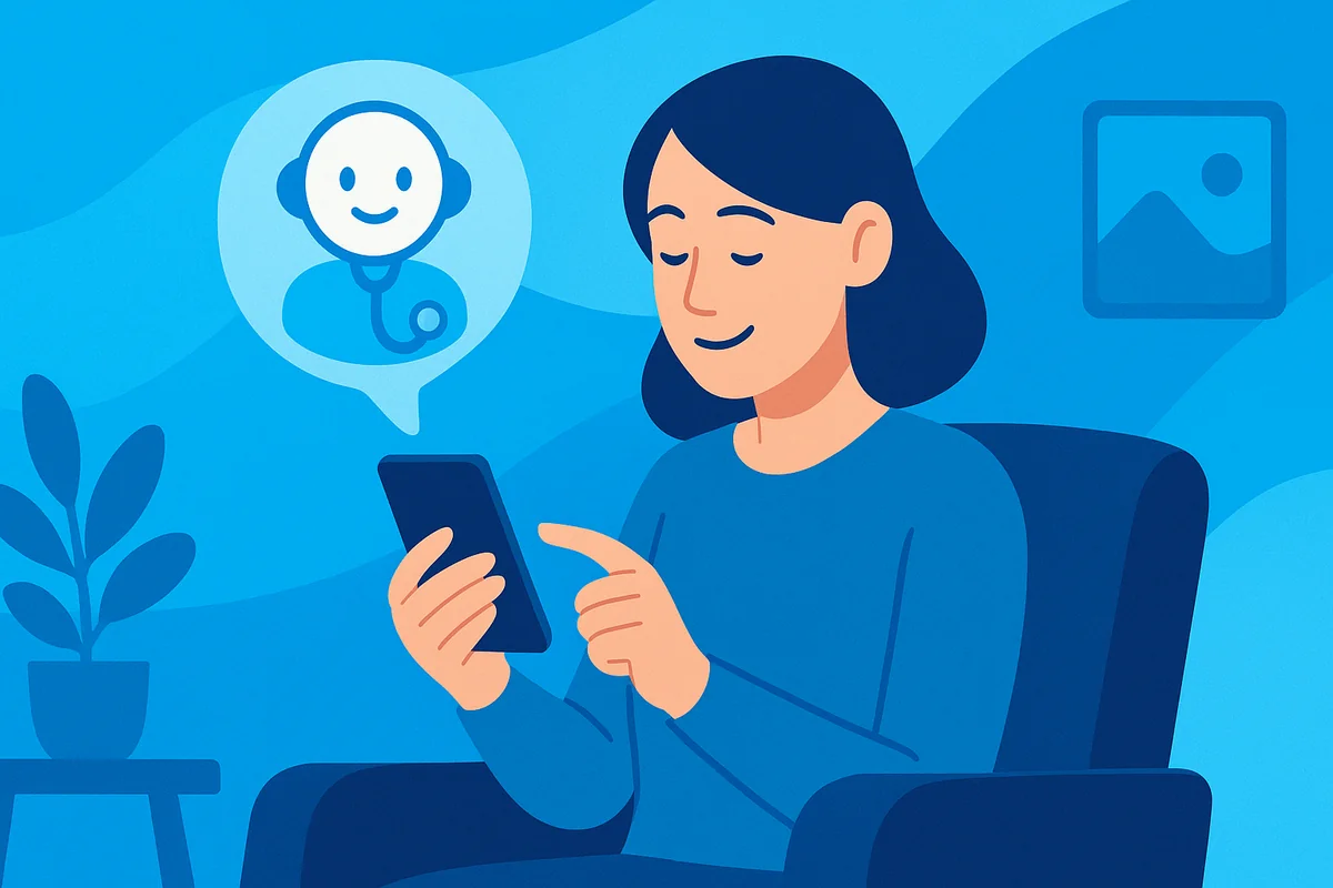 A person at home using an AI health assistant on a phone, with soft blue waves in the background